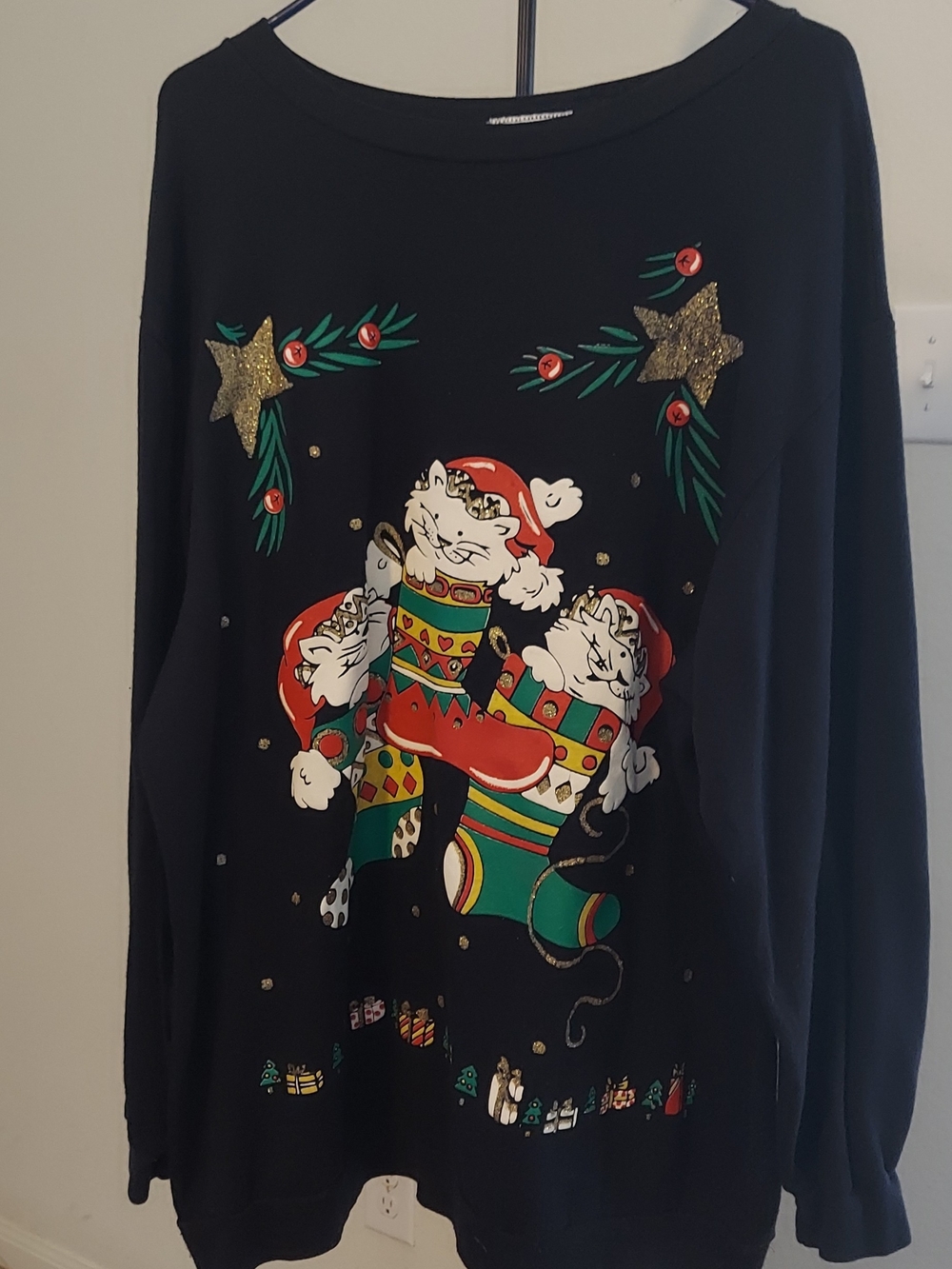 Black Crewneck Holiday Cat Graphic Sweater